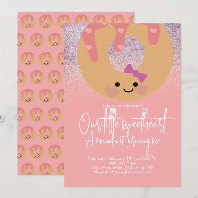 Invitación Donas Glaseadas de Rosa Brillo Falso Día de San Va (Anverso / Reverso)