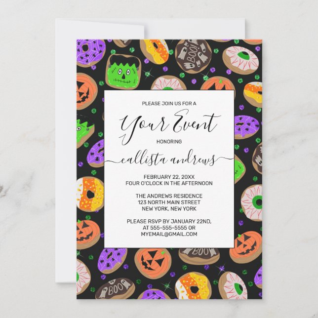 Invitación Donas Glitter Confeti Divertidas Lindas Halloween (Anverso)
