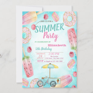 Invitación Donas,Macarrones,Helado Bicicleta Fiesta de Cumple