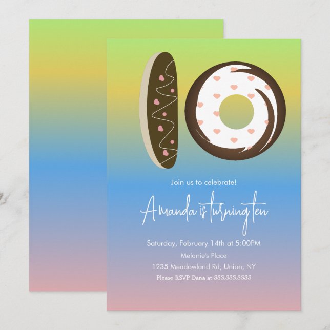 Invitación Donas para Cumpleaños número 10 con Efecto Ombú de (Anverso / Reverso)