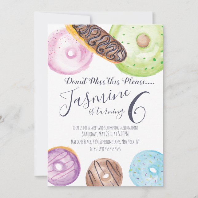 Invitación Donas y éclairs de cumpleaños con acuarela a mano (Anverso)