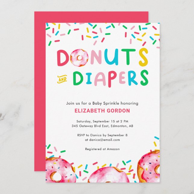 Invitación Donas y Pañales Sprinkle para Bebé Divertido Color (Anverso / Reverso)