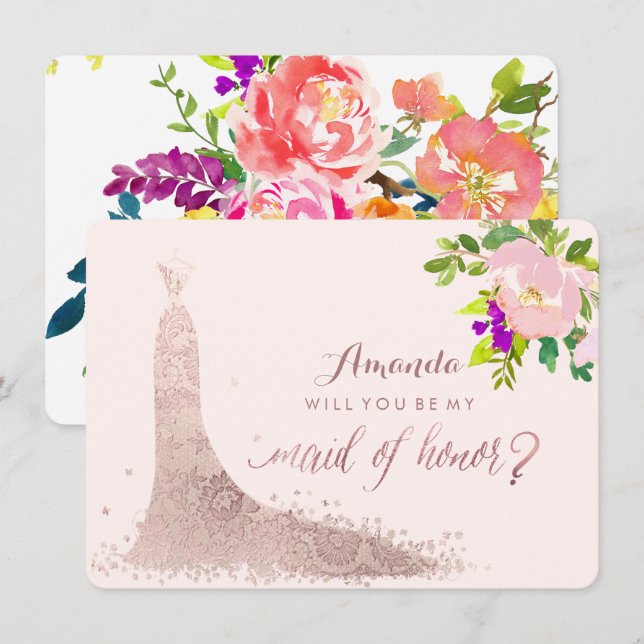 Invitación doncella de honor/floral/acuarela/primavera (Anverso / Reverso)