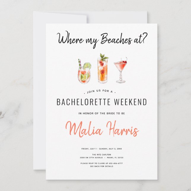 Invitación ¿Dónde están mis playas? Bachelorette Itinerary (Anverso)