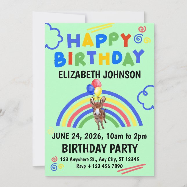 Invitación Donkey Birthday Invitation in Green (Anverso)