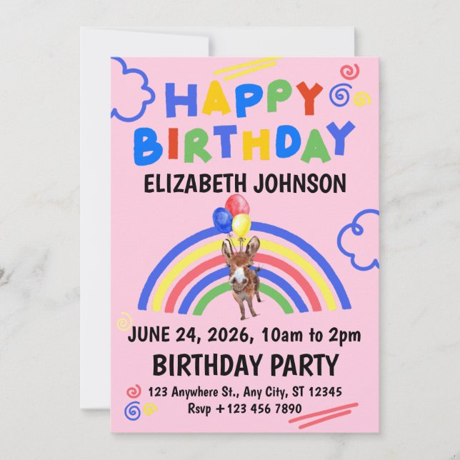 Invitación Donkey Birthday Invitation in Pink (Anverso)