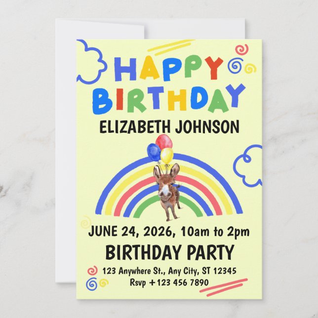 Invitación Donkey Birthday Invitation in Yellow (Anverso)