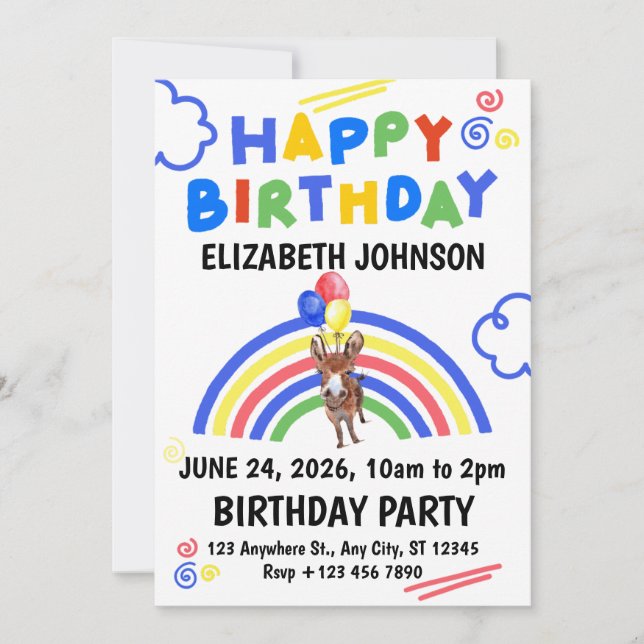 Invitación Donkey Birthday Invitation White (Anverso)