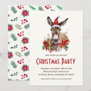 Invitación Donkey en Santa Hat Farm Animal Navidad Fiesta
