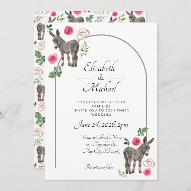 Invitación Donkey Pink Floral Wedding Invitation  (Anverso / Reverso)