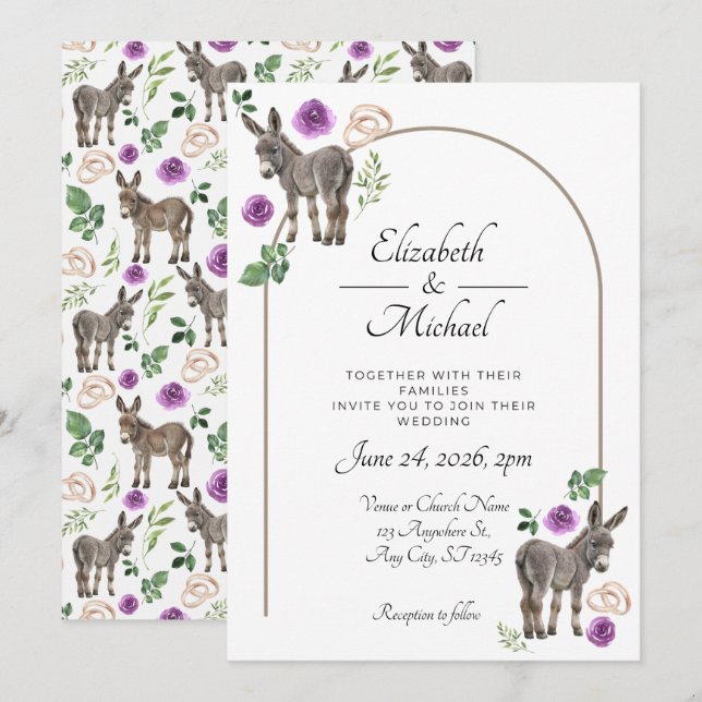 Invitación Donkey Purple Floral Rustic Wedding (Anverso / Reverso)