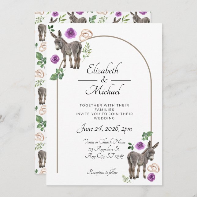 Invitación Donkey Purple Floral Wedding Invitation  (Anverso / Reverso)