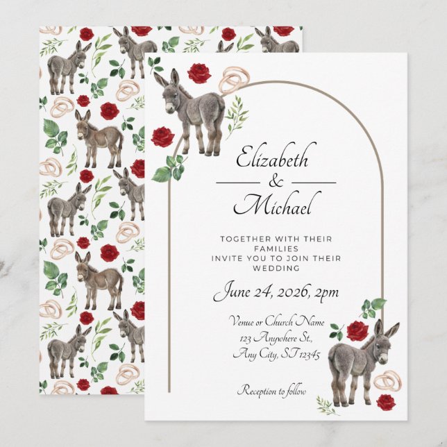 Invitación Donkey Red Floral Rustic Wedding (Anverso / Reverso)
