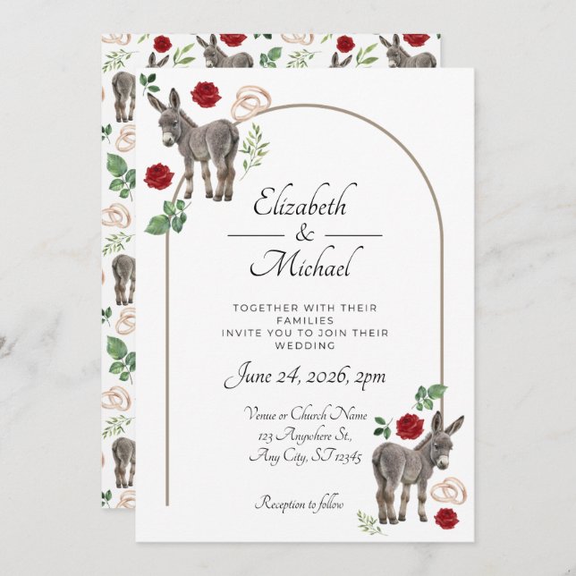 Invitación Donkey Red Floral Wedding Invitation  (Anverso / Reverso)