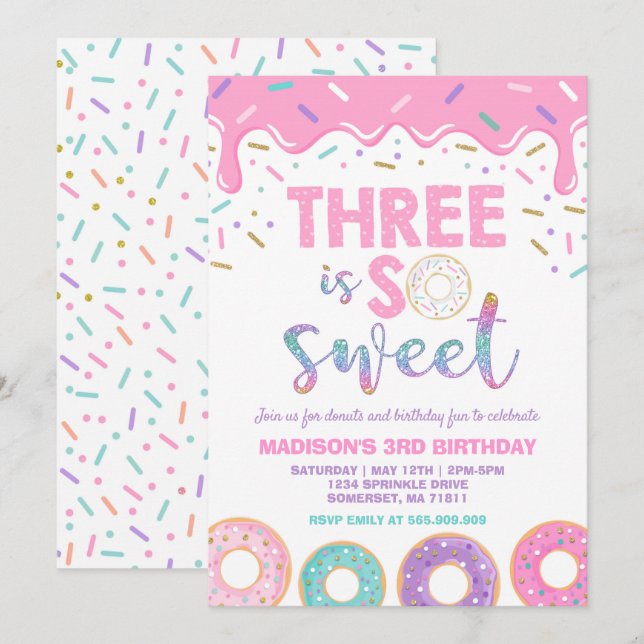 Invitación Donut 3 cumpleaños Invitar Donut 3 es dulce (Anverso / Reverso)