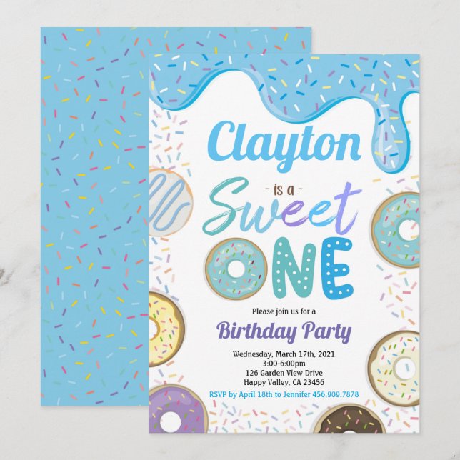 Invitación Donut Boy Sweet One First Birthday Fiesta Blue (Anverso / Reverso)