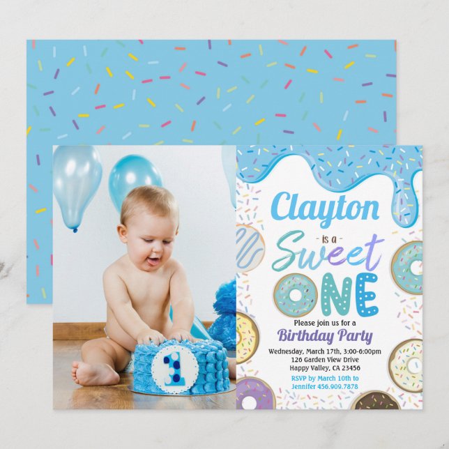 Invitación Donut Boy Sweet One First Birthday Fiesta Blue Pho (Anverso / Reverso)