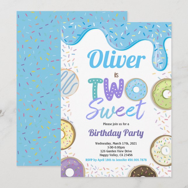 Invitación Donut Boy Two Dulce Fiesta de Cumpleaños Azul (Anverso / Reverso)