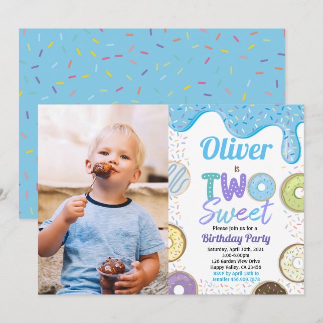 Invitación Donut Boy Two Dulce Fiesta de cumpleaños foto azul (Anverso / Reverso)