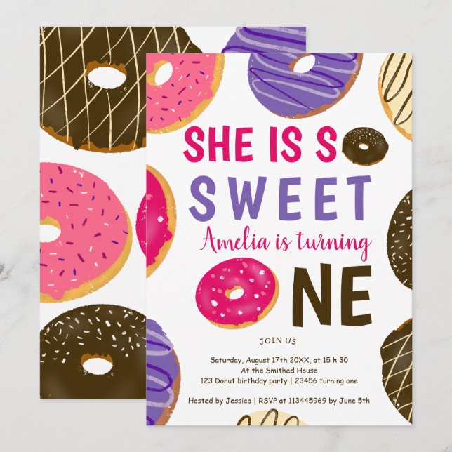 Invitación Donut convirtiendo una divertida y linda acuarela  (Anverso / Reverso)