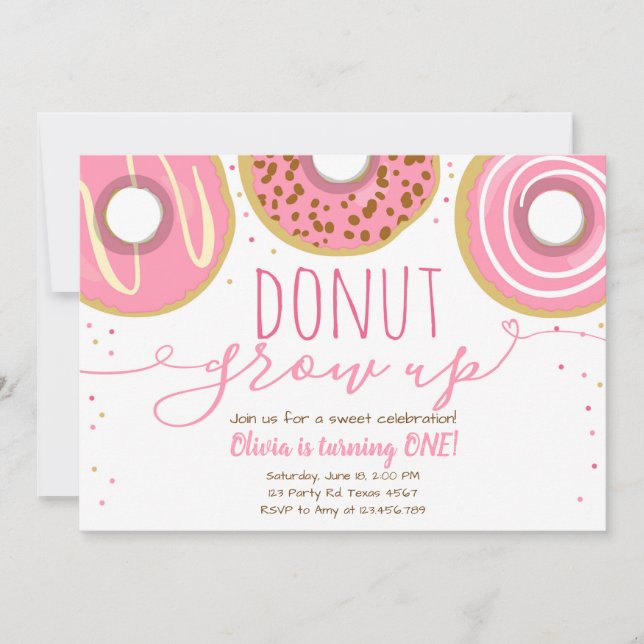 Invitación Donut crece fiesta niña rosa cumpleaños (Anverso)