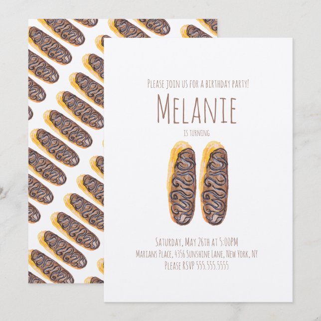 Invitación Donut de Acuarela Cumpleaños 11 Éclairs de Chocola (Anverso / Reverso)