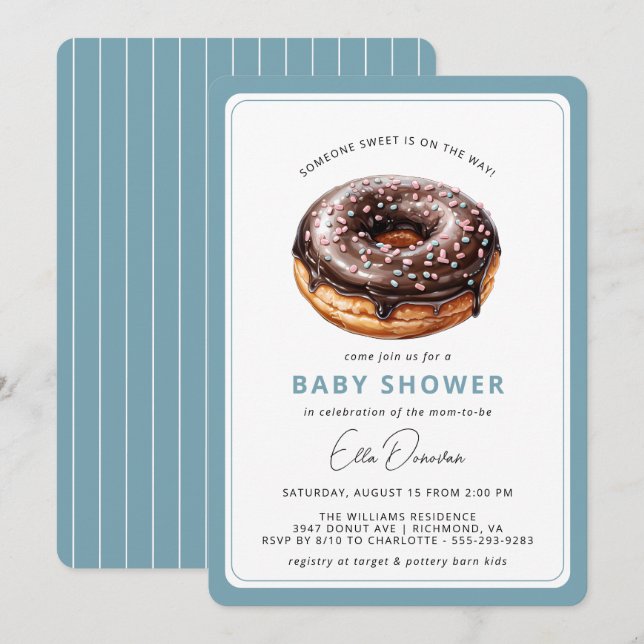Invitación Donut de chocolate | Cute Blue Boy Baby Shower (Anverso / Reverso)