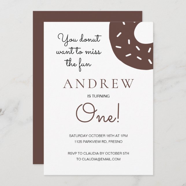 Invitación Donut de chocolate en primer cumpleaños (Anverso / Reverso)