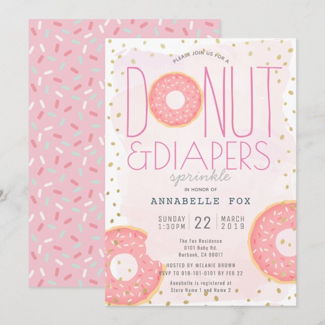 Invitación Donut & Diapers salpican Baby Shower de oro rosado (Anverso / Reverso)