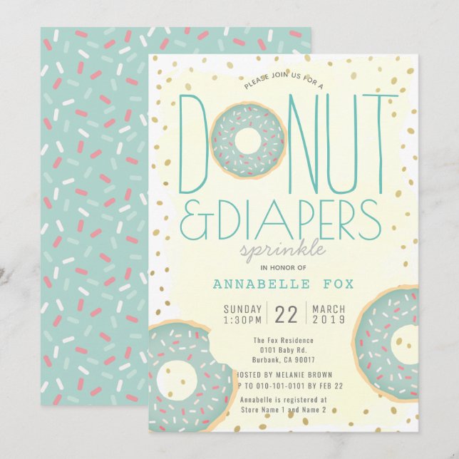 Invitación Donut & Diapers salpican Baby Shower de oro verde (Anverso / Reverso)