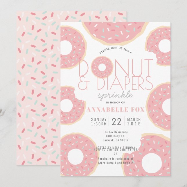 Invitación Donut & Diapers salpican Baby Shower rosado (Anverso / Reverso)