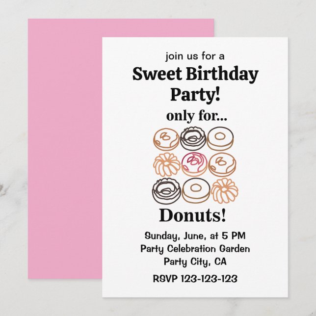 Invitación Donut Doughnut Divertido cumpleaños dulce (Anverso / Reverso)