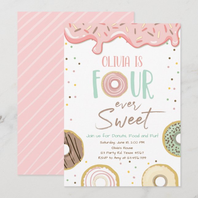 Invitación Donut Four Ever Sweet Chica 4º Cumpleaños (Anverso / Reverso)