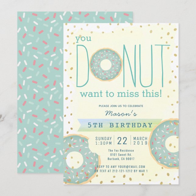 Invitación Donut Green x Gold Boy Cumpleaños (Anverso / Reverso)