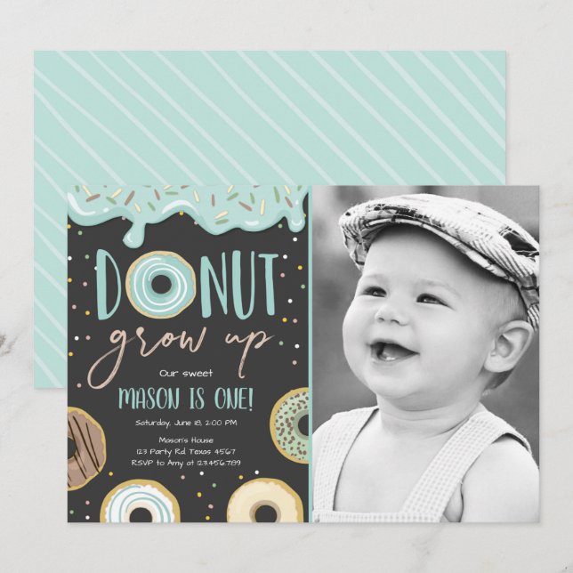 Invitación Donut Grove Blue Pastel Boy Primer Cumpleaños (Anverso / Reverso)