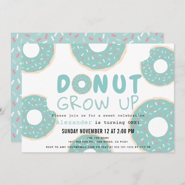 Invitación Donut Grove Turquoise Blue Boy 1er cumpleaños (Anverso / Reverso)