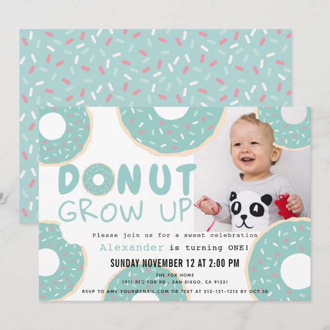 Invitación Donut Grow Up Blue Boy Foto Primer cumpleaños (Anverso / Reverso)