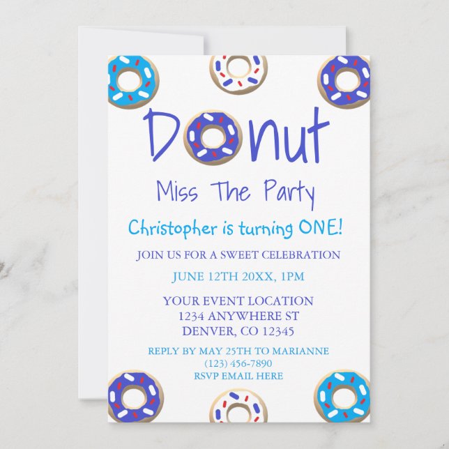 Invitación Donut Miss El Fiesta Primer Cumpleaños (Anverso)
