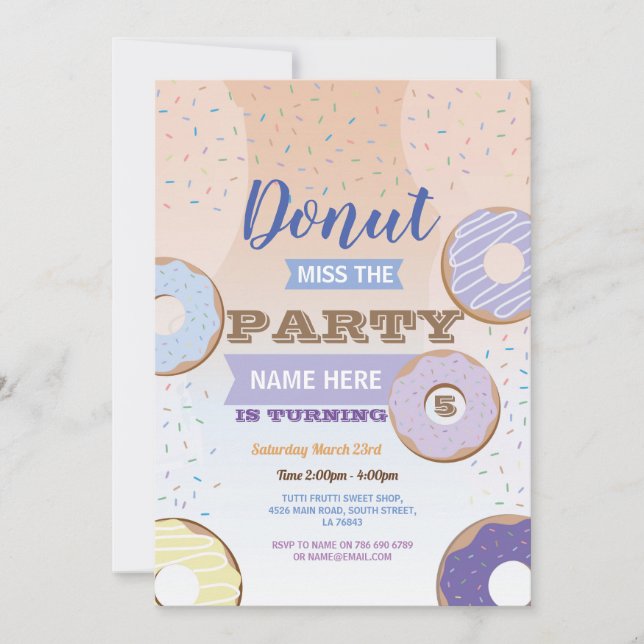 Invitación Donut Miss El Pastel Azul De Aceite De Fiesta (Anverso)