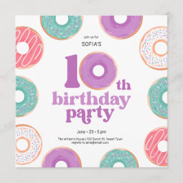 Invitación Donut Party Girl 10th Birthday Invitation