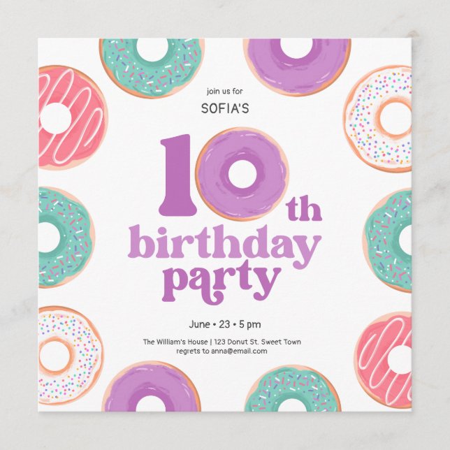 Invitación Donut Party Girl 10th Birthday Invitation (Anverso)