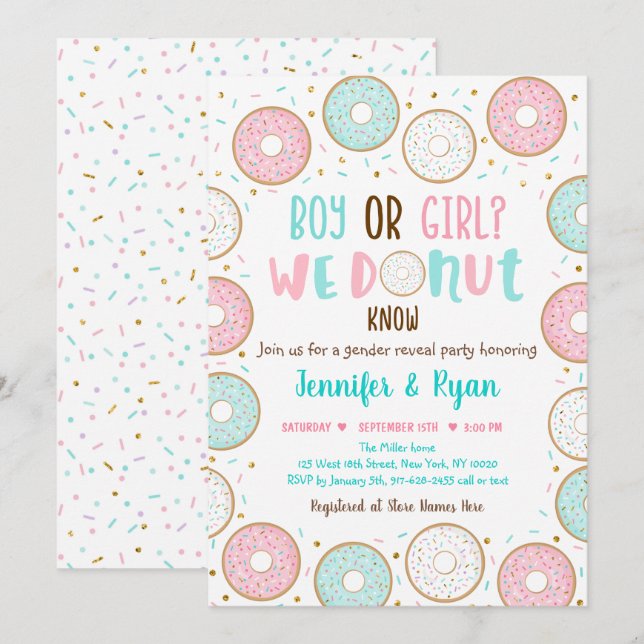Invitación Donut Pink Blue Gold Reval (Anverso / Reverso)