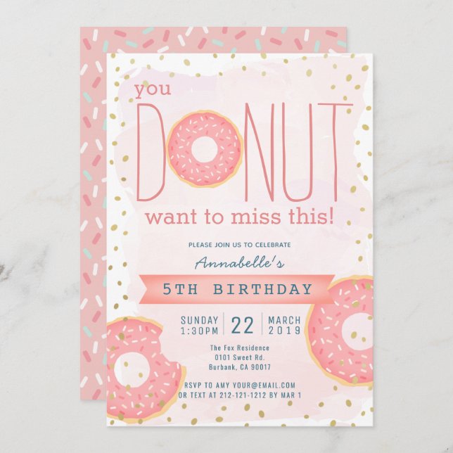 Invitación Donut Pink x Gold Chica Birday (Anverso / Reverso)