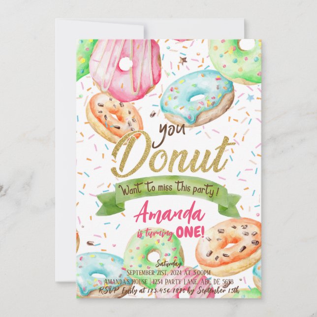Invitación Donut quiere extrañar el cumpleaños de Doughnut (Anverso)