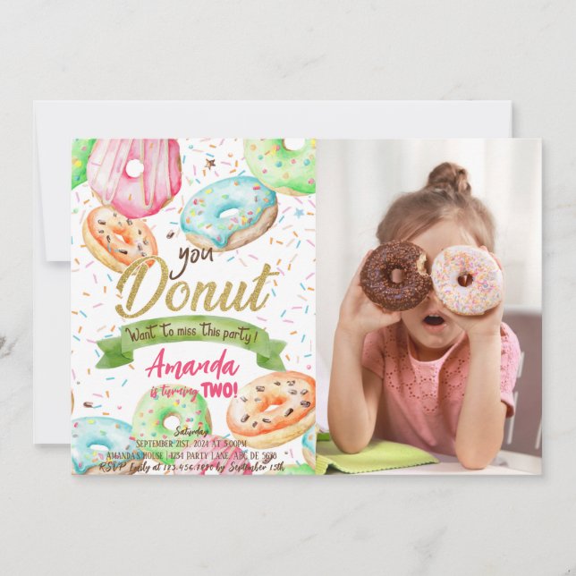 Invitación Donut quiere extrañar la foto de cumpleaños de Dou (Anverso)