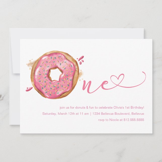 Invitación Donut roció Chicas rosados primer cumpleaños (Anverso)