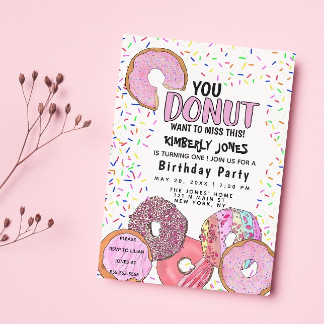 Invitación Donut rosado aspersa fiesta de cumpleaños de Confe (Pink Donut Sprinkle Confetti Birthday Party )