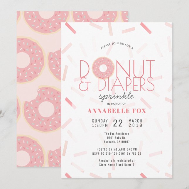 Invitación Donut rosado y pañales rocian Baby Shower (Anverso / Reverso)