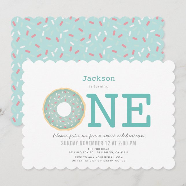 Invitación Donut Simple Mint Green Boy 1er cumpleaños (Anverso / Reverso)