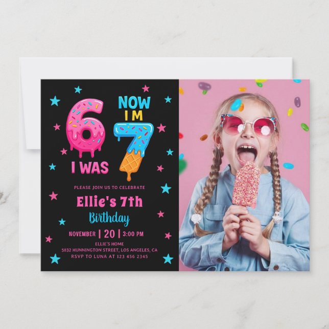Invitación Donut Six Seven Girl Birthday Photo Invitation (Anverso)